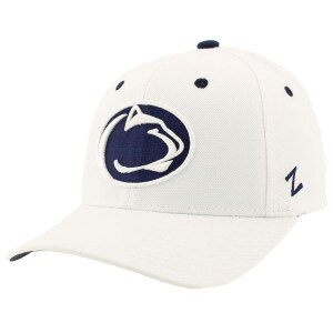 white fitted hat with embroidered Penn State Athletic Logo